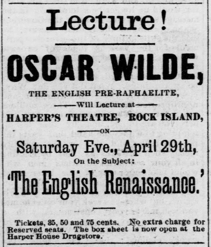 Newspaper notice: Oscar Wilde at Harper's Theatre, Rock Island, April 1882
