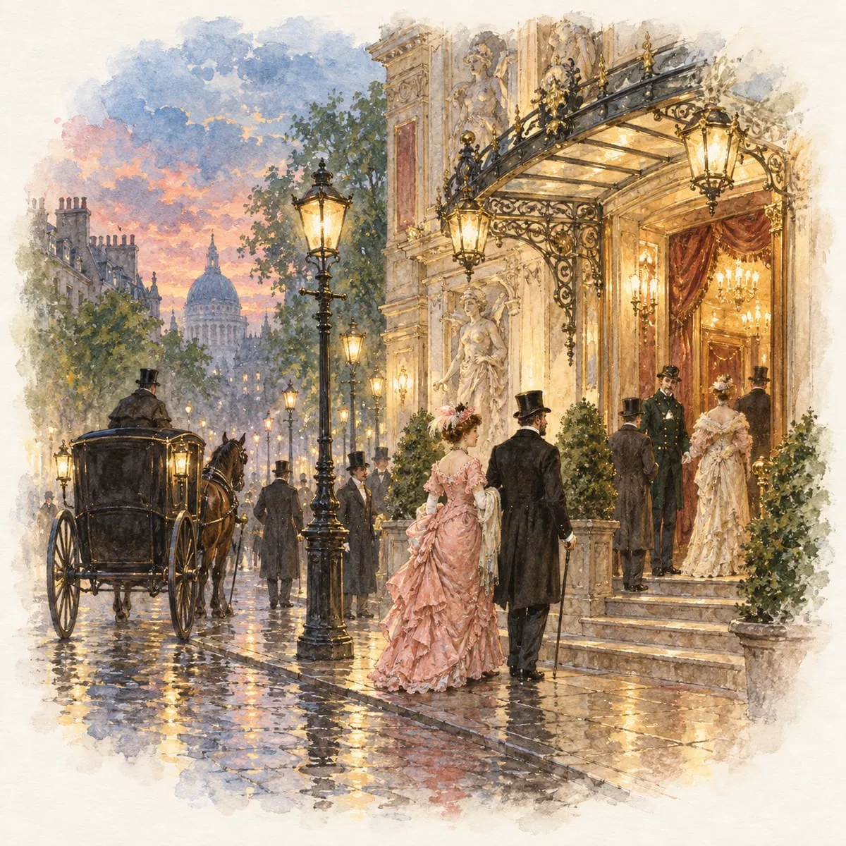 A London West End theatre at dusk in the 1890s