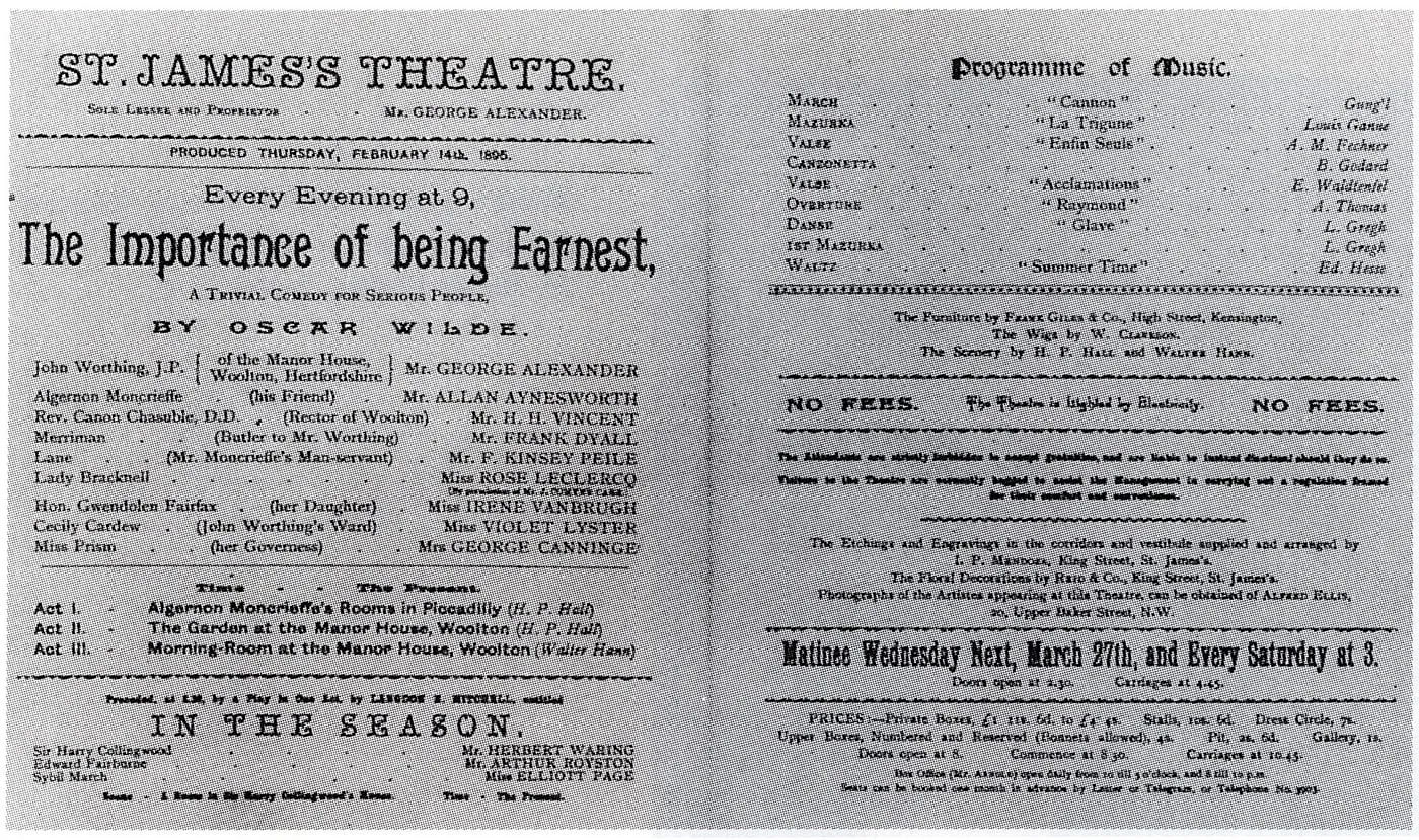Playbill, The Importance of Being Earnest, St James's Theatre, 1895