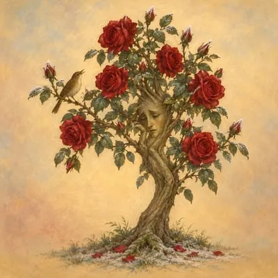Painted portrait of The red Rose-tree