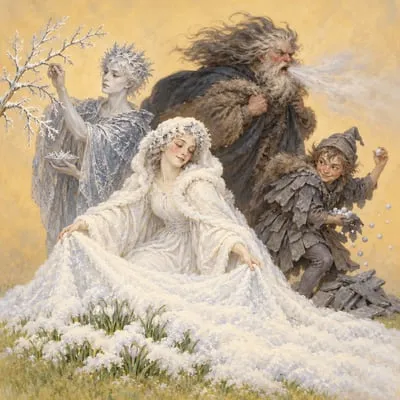 Painted portrait of Snow, Frost, the North Wind and the Hail